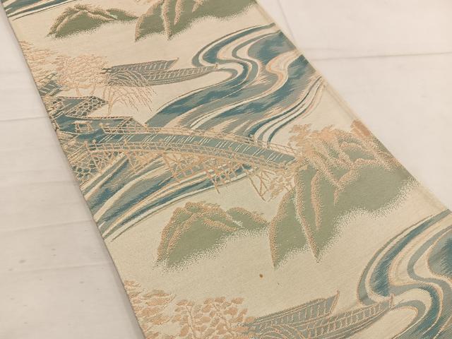 平和屋着物◎六通柄袋帯　渡橋風景文　金糸　正絹　逸品　BAAW3857mz