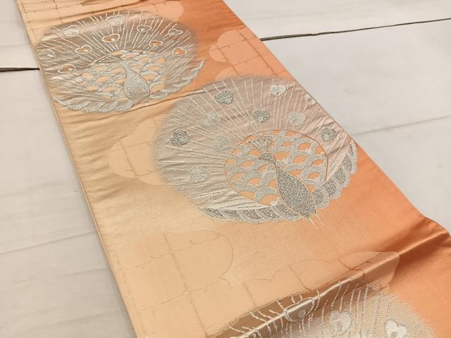 平和屋着物◎六通柄袋帯　孔雀　銀糸　正絹　逸品　BAAW3860mz