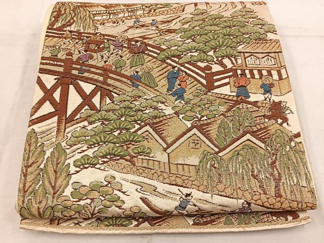 平和屋着物◎六通柄袋帯 唐織 人物風景文 金糸 正絹 逸品 BAAW3861mz