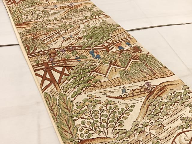 平和屋着物◎六通柄袋帯 唐織 人物風景文 金糸 正絹 逸品 BAAW3861mz