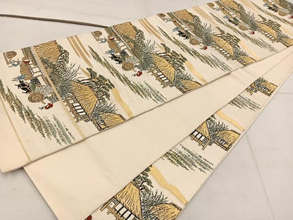 平和屋着物◎六通柄袋帯　唐織　人物風景文　金糸　正絹　逸品　BAAW3864mz