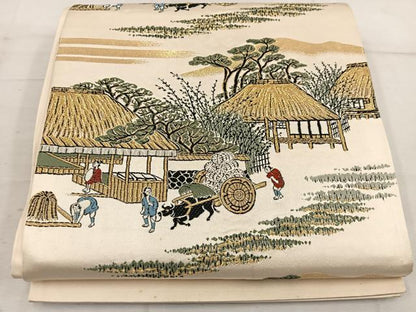 平和屋着物◎六通柄袋帯　唐織　人物風景文　金糸　正絹　逸品　BAAW3864mz