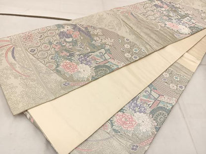 平和屋着物◎六通柄袋帯　唐織　御所車花文　銀糸　正絹　逸品　BAAW3891mz