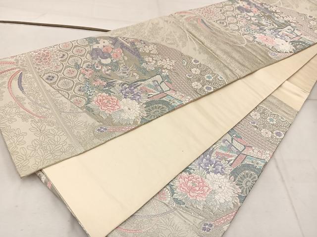 平和屋着物◎六通柄袋帯　唐織　御所車花文　銀糸　正絹　逸品　BAAW3891mz