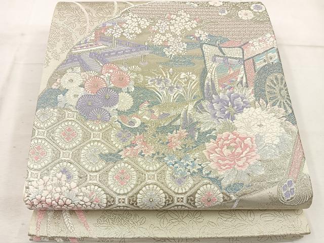 平和屋着物◎六通柄袋帯　唐織　御所車花文　銀糸　正絹　逸品　BAAW3891mz