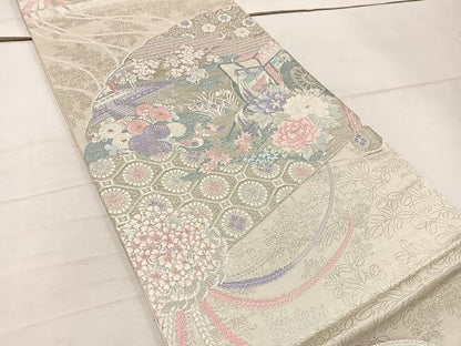 平和屋着物◎六通柄袋帯　唐織　御所車花文　銀糸　正絹　逸品　BAAW3891mz