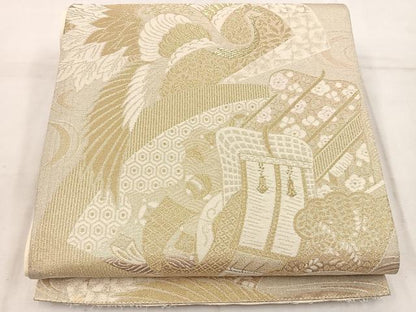 平和屋着物◎六通柄袋帯　綾綴　御所車飛鶴花文　金糸　正絹　逸品　BAAW3906mz