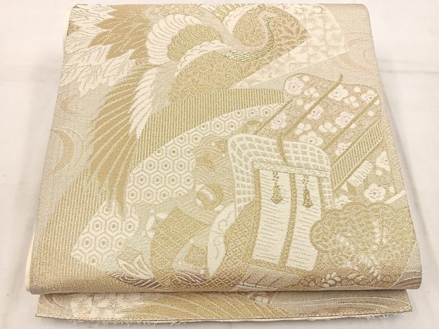 平和屋着物◎六通柄袋帯　綾綴　御所車飛鶴花文　金糸　正絹　逸品　BAAW3906mz