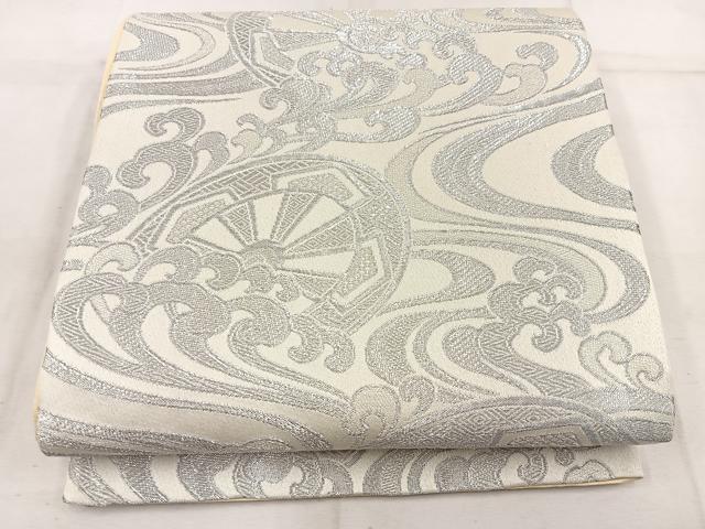 平和屋着物◎全通柄袋帯 片輪車文 銀糸 正絹 逸品 BAAW3911mz