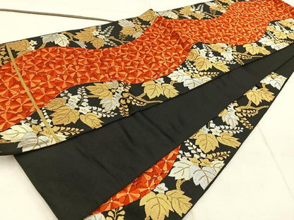 平和屋着物◎六通柄袋帯　唐織　菊桐文　黒地　金糸　正絹　逸品　BAAW3921mz