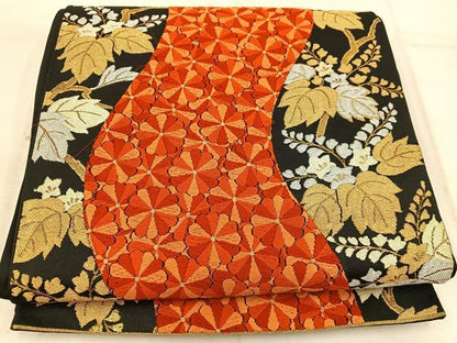 平和屋着物◎六通柄袋帯　唐織　菊桐文　黒地　金糸　正絹　逸品　BAAW3921mz