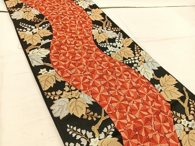 平和屋着物◎六通柄袋帯　唐織　菊桐文　黒地　金糸　正絹　逸品　BAAW3921mz