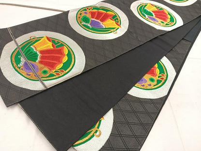 平和屋着物◎六通柄袋帯 唐織 舞蝶丸文 黒地 金銀糸 正絹 逸品 BAAW3928mz