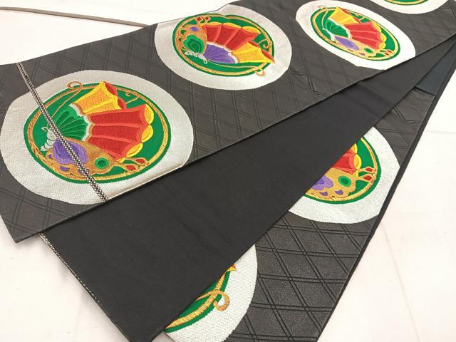 平和屋着物◎六通柄袋帯 唐織 舞蝶丸文 黒地 金銀糸 正絹 逸品 BAAW3928mz