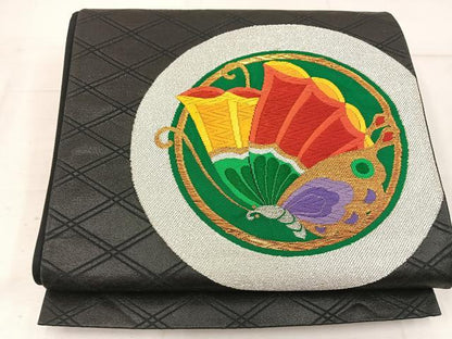 平和屋着物◎六通柄袋帯 唐織 舞蝶丸文 黒地 金銀糸 正絹 逸品 BAAW3928mz