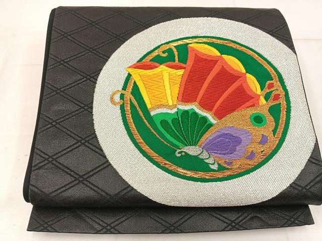 平和屋着物◎六通柄袋帯 唐織 舞蝶丸文 黒地 金銀糸 正絹 逸品 BAAW3928mz