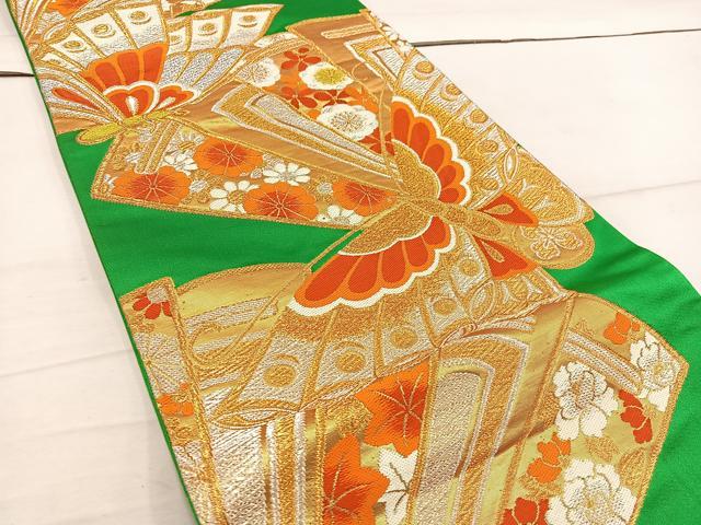 平和屋着物◎六通柄袋帯　唐織　檜扇舞蝶花文　金銀糸　正絹　逸品　BAAW3930mz