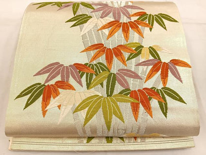 平和屋着物◎六通柄袋帯 唐織 笹竹文 銀糸 正絹 逸品 BAAW3950mz