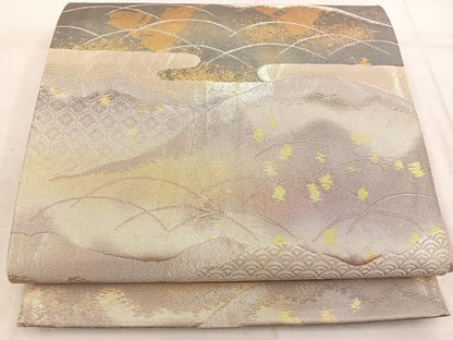 平和屋着物◎西陣　六通柄袋帯　遠山芝草文　金銀糸　正絹　逸品　BAAW3957mz