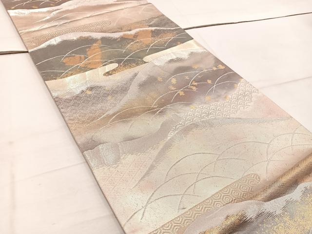 平和屋着物＊夏物　六通柄袋帯　遠山文　銀糸　正絹　逸品　CAAW8955oy 平和屋着物◎西陣 六通柄袋帯 遠山芝草文 金銀糸 正絹 逸品
