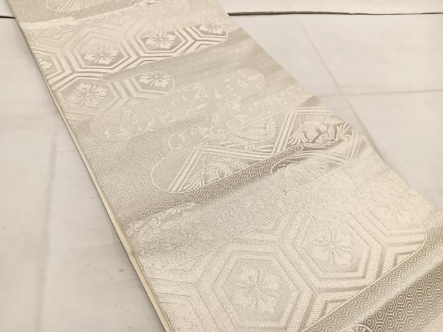 平和屋着物◎六通柄袋帯　佐賀つづれ織　亀甲花鳥文　銀糸　正絹　逸品　BAAW3965mz