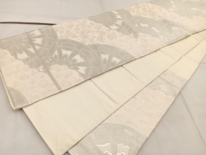 平和屋着物◎六通柄袋帯　唐織　源氏車菊花文　銀糸　正絹　逸品　BAAW3966mz