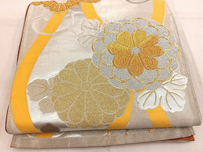 平和屋着物◎六通柄袋帯　駒刺繍　立涌菊花文　金銀糸　正絹　逸品　BAAW3969mz