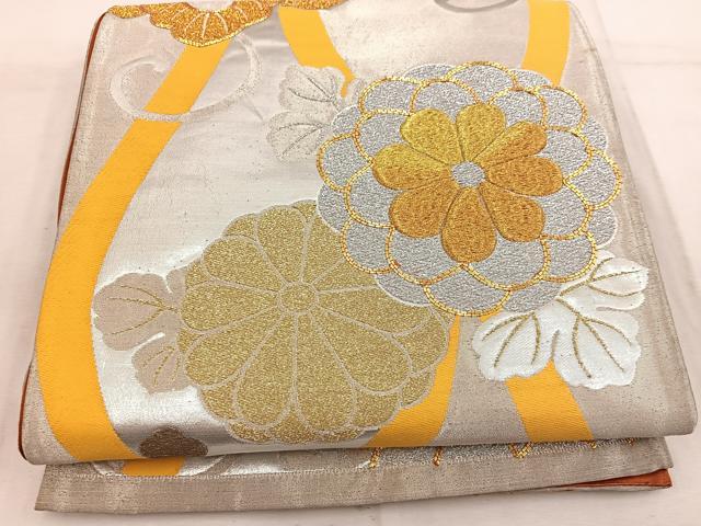 平和屋着物◎六通柄袋帯　駒刺繍　立涌菊花文　金銀糸　正絹　逸品　BAAW3969mz