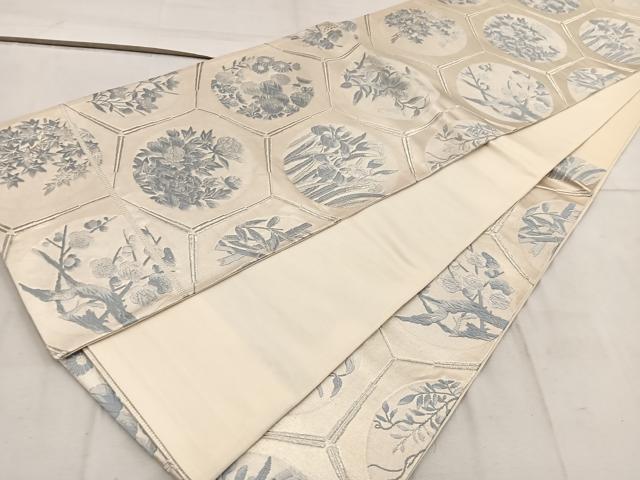 平和屋着物◎六通柄袋帯 唐織 亀甲花丸文 銀糸 正絹 逸品 BAAW3972mz