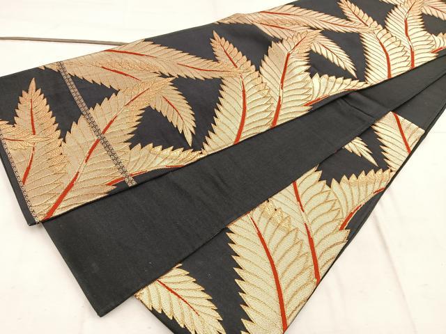 平和屋着物◎六通柄袋帯　草葉文　黒地　金糸　正絹　逸品　BAAW3974mz