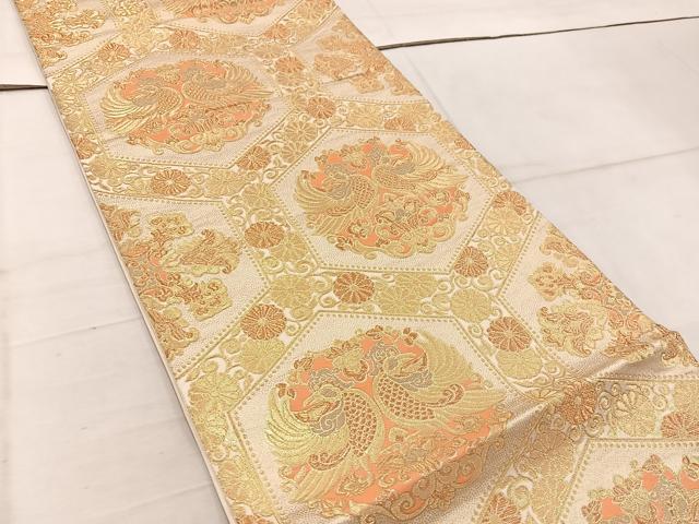 平和屋着物◎西陣　服部織物謹製　六通柄袋帯　オリエント更紗　向かい鳥亀甲花文　正絹　逸品　BAAW3984mz