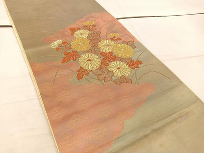 平和屋着物◎西陣 服部織物謹製 太鼓柄袋帯 こはく錦 菊蒔絵文様 金糸 正絹 逸品 BAAW3987mz