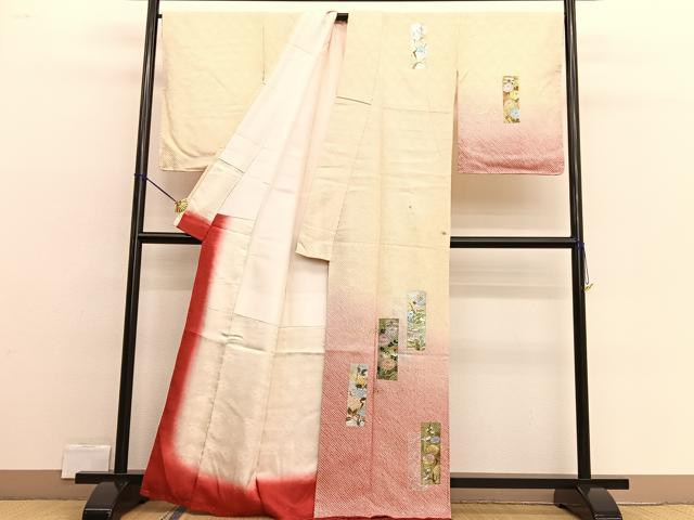 平和屋着物■訪問着　総絞り　短冊花文　金銀彩　正絹　逸品　BAAW4109hv