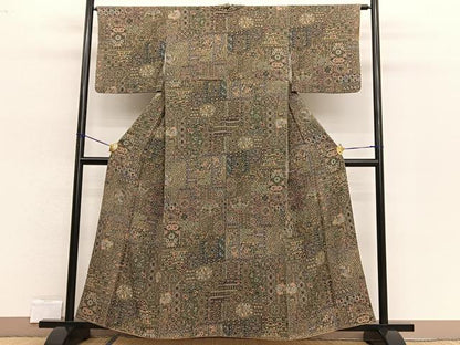 平和屋着物▼上質な小紋 陶器更紗花鳥文 鬼しぼ縮緬 正絹 逸品 BAAW4177hv