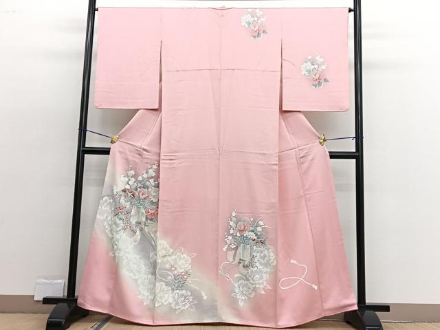平和屋着物▽訪問着　単衣　御所車花文　暈し染め　金彩　正絹　逸品　AAAU6465iu 平和屋着物▽上質な小紋 単衣 型染め 風景花文 鬼しぼ縮緬 やまと誂製