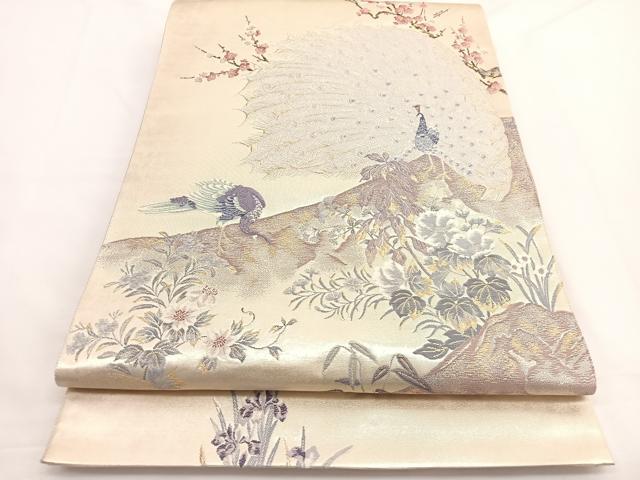 平和屋着物▼六通柄袋帯　唐織　孔雀花文　金糸　引箔　正絹　逸品　BAAW4395hv