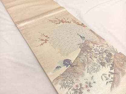 平和屋着物▼六通柄袋帯　唐織　孔雀花文　金糸　引箔　正絹　逸品　BAAW4395hv