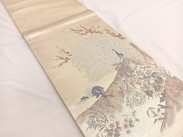 平和屋着物▼六通柄袋帯　唐織　孔雀花文　金糸　引箔　正絹　逸品　BAAW4395hv