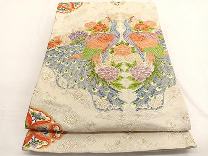 平和屋着物▼六通柄袋帯　唐織　向かい孔雀花文　金銀糸　正絹　逸品　BAAW4402hv