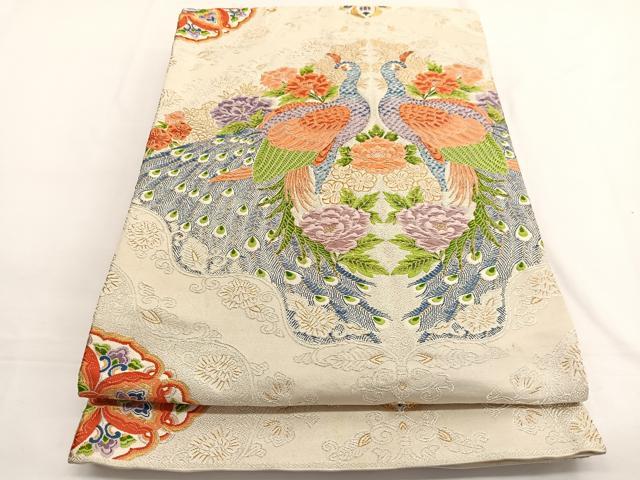 平和屋着物▼六通柄袋帯　唐織　向かい孔雀花文　金銀糸　正絹　逸品　BAAW4402hv