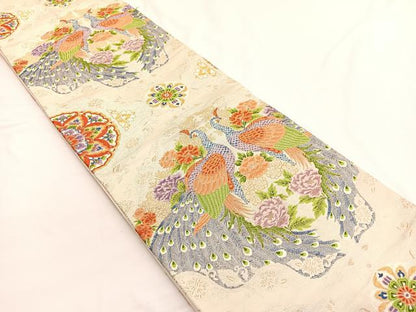 平和屋着物▼六通柄袋帯　唐織　向かい孔雀花文　金銀糸　正絹　逸品　BAAW4402hv