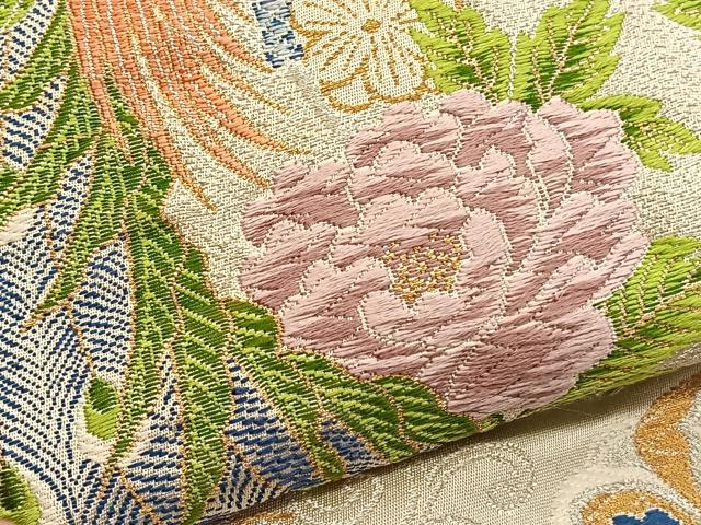 平和屋着物▼六通柄袋帯　唐織　向かい孔雀花文　金銀糸　正絹　逸品　BAAW4402hv