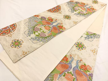 平和屋着物▼六通柄袋帯　唐織　向かい孔雀花文　金銀糸　正絹　逸品　BAAW4402hv