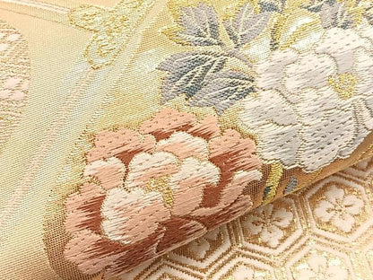 平和屋着物▼六通柄袋帯　唐織　檜垣飛鶴花文　金糸　正絹　逸品　BAAW4406hv