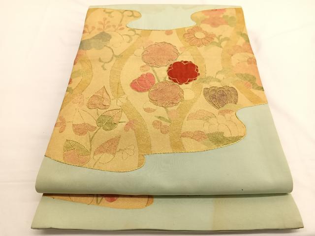 平和屋着物◎塩瀬 六通柄袋帯 駒刺繍 立涌花文 金彩 正絹 逸品 BAAW4415hv