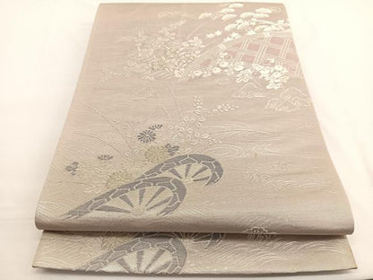 平和屋着物◎六通柄袋帯　片輪車花文　金銀糸　正絹　逸品　BAAW4419hv