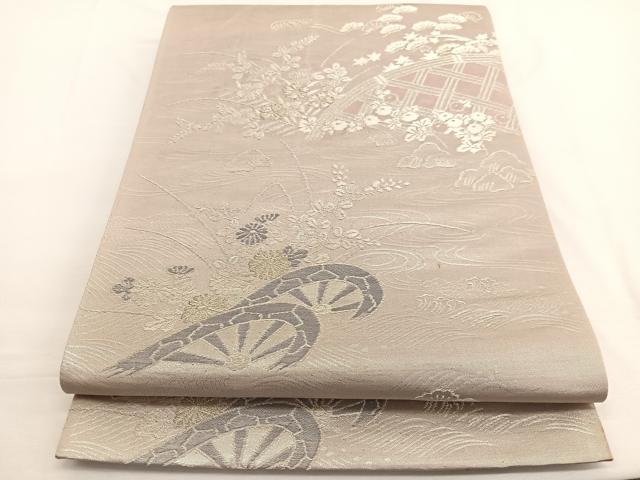 平和屋着物◎六通柄袋帯　片輪車花文　金銀糸　正絹　逸品　BAAW4419hv