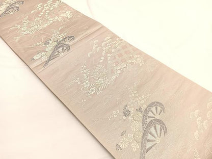 平和屋着物◎六通柄袋帯　片輪車花文　金銀糸　正絹　逸品　BAAW4419hv