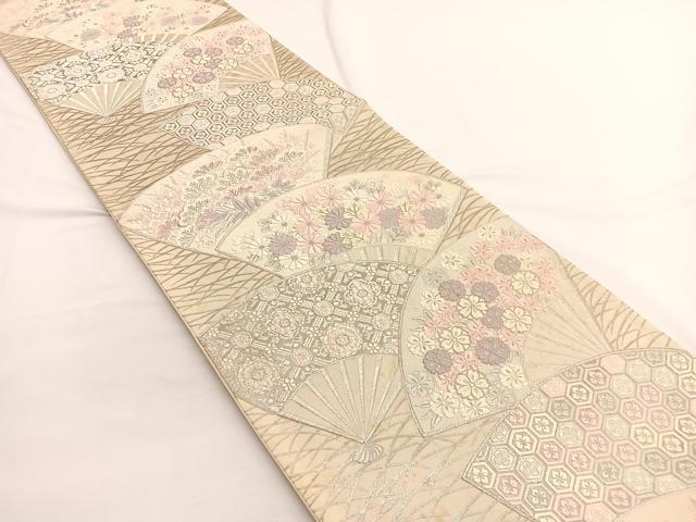 平和屋着物◎西陣　服部織物謹製　六通柄袋帯　唐織　朱錦　扇面花文　銀糸　正絹　逸品　BAAW4421hv