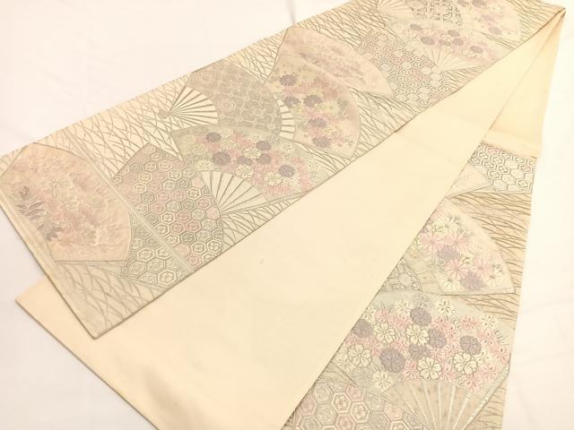 平和屋着物◎西陣　服部織物謹製　六通柄袋帯　唐織　朱錦　扇面花文　銀糸　正絹　逸品　BAAW4421hv